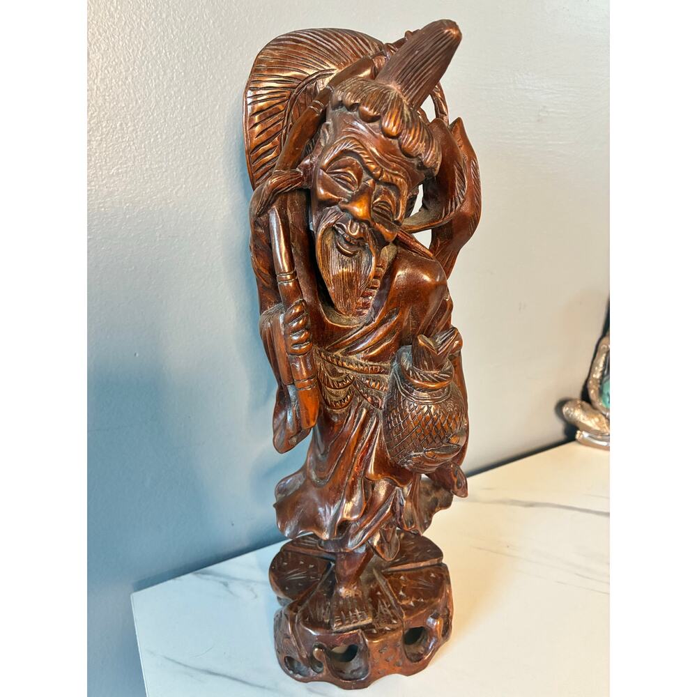 Hand-Carved Vintage Asian Fisherman Sculpture Signed Artisan Carving Hardwood